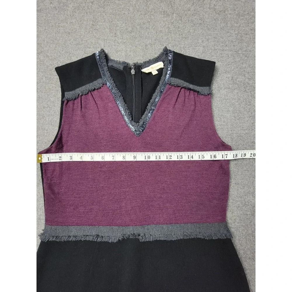 Tory Burch Women's Wool Blend Dress L Black Purple Sleeveless Sheath‎ Midi